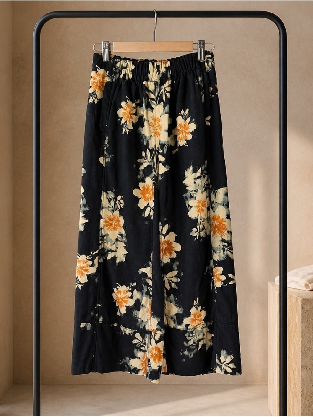 Free People Days end Black linen trousers with Yellow Floral Print